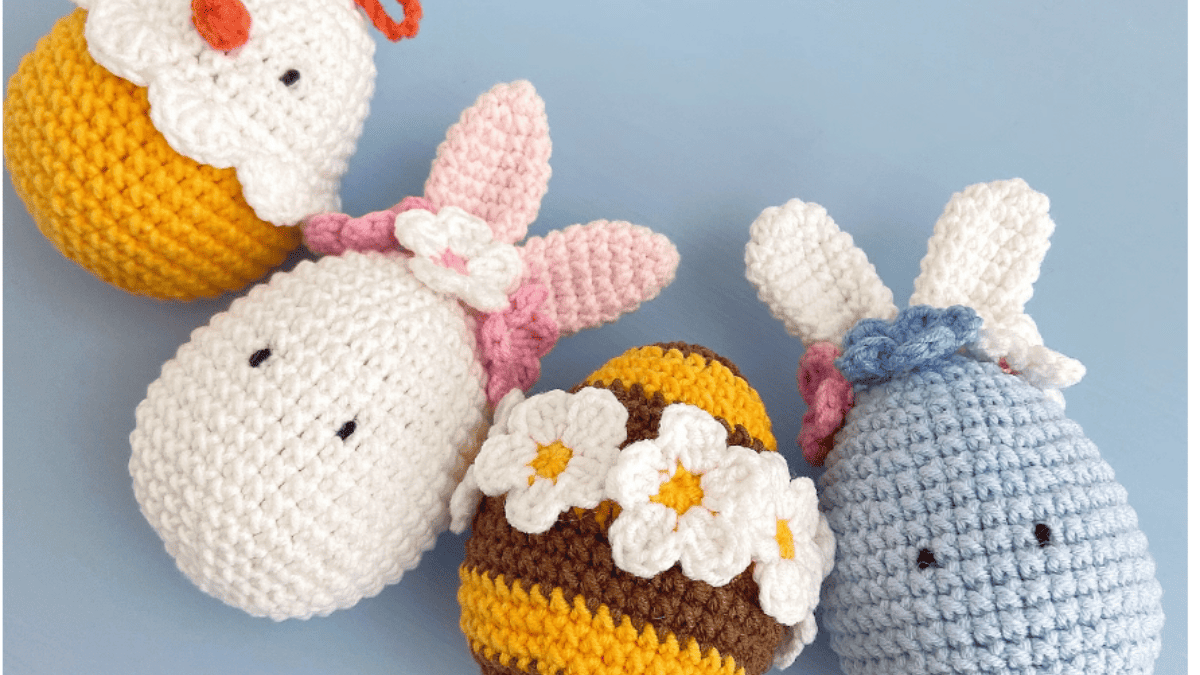 Easter crochet patterns with 3 crochet eggs. 1 looks like bunny, one bee and 1 chick