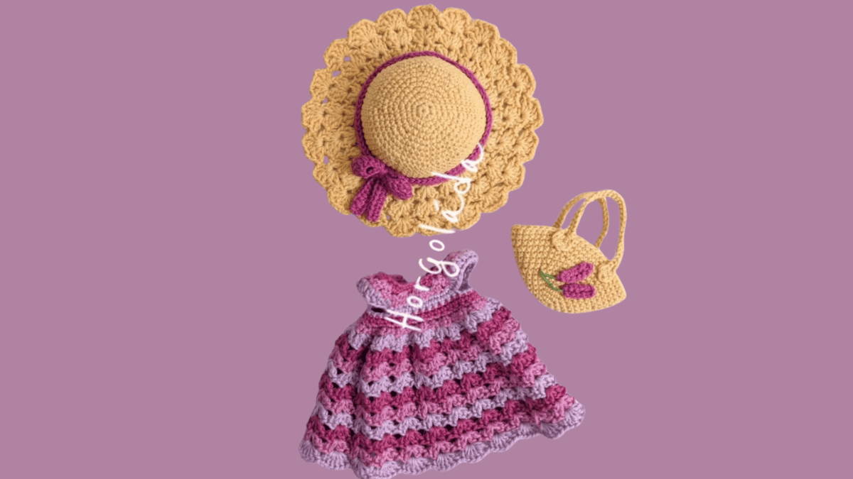 purple crochet doll dress with purse and hat