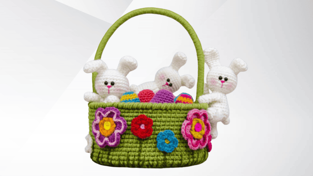 crochet easter basket patterns with flowers on front and bunnies inside