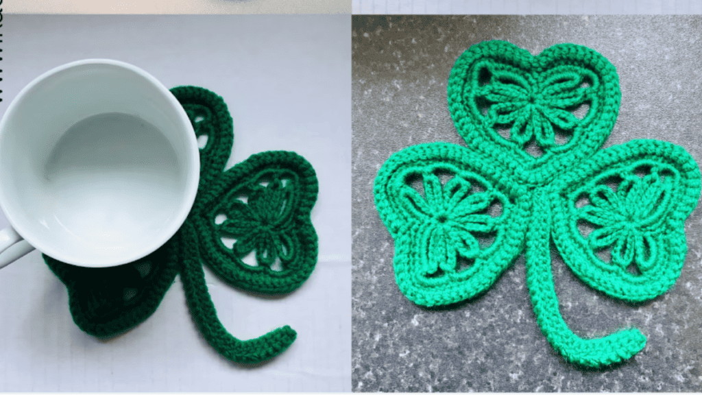 2 green crochet shamrock patterns used as a coaster