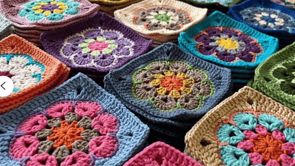 brightly colored granny squares in blues, pinks, purpose, green