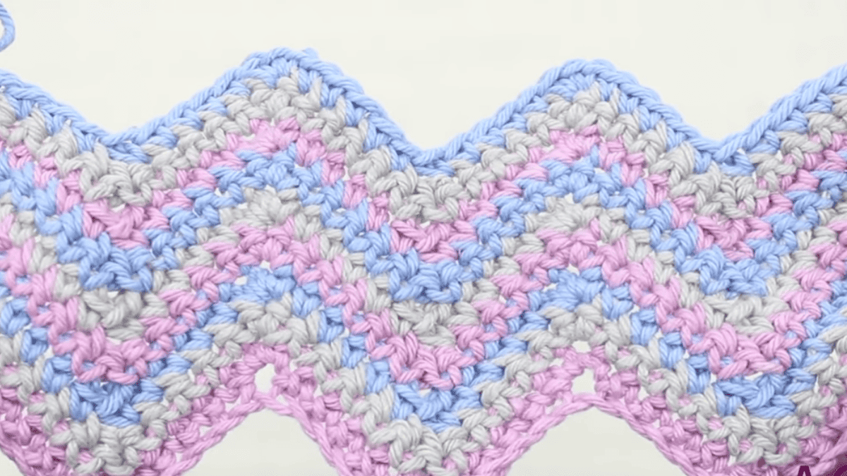 chevron crochet stitch in pink, purple and gray yarn