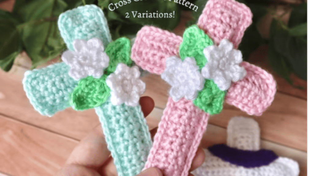 Pink and green crochet cross pattern with flowers in the middle