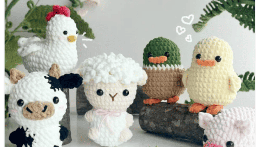 6 crochet farm animals including a lamb, cow, chicken, duck, pig