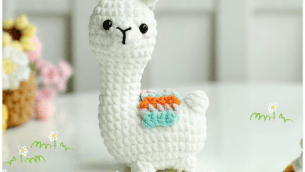 crochet llama that is white with a blue and red saddle on it