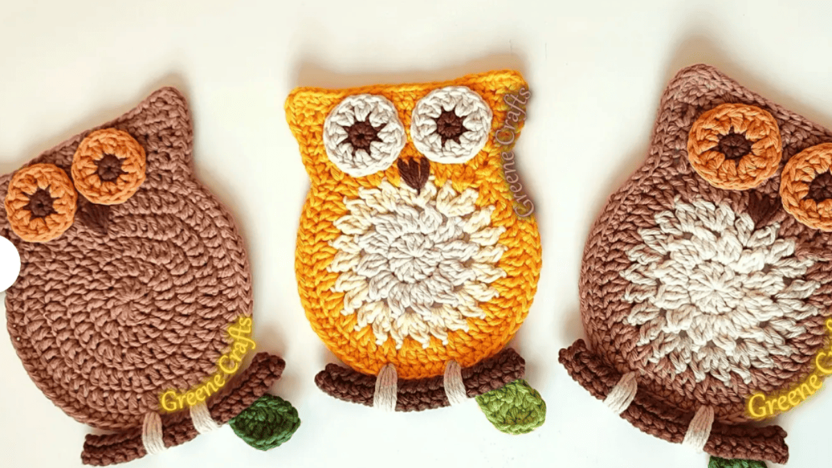 3 crochet owl patterns completed in brown, yellow and tan