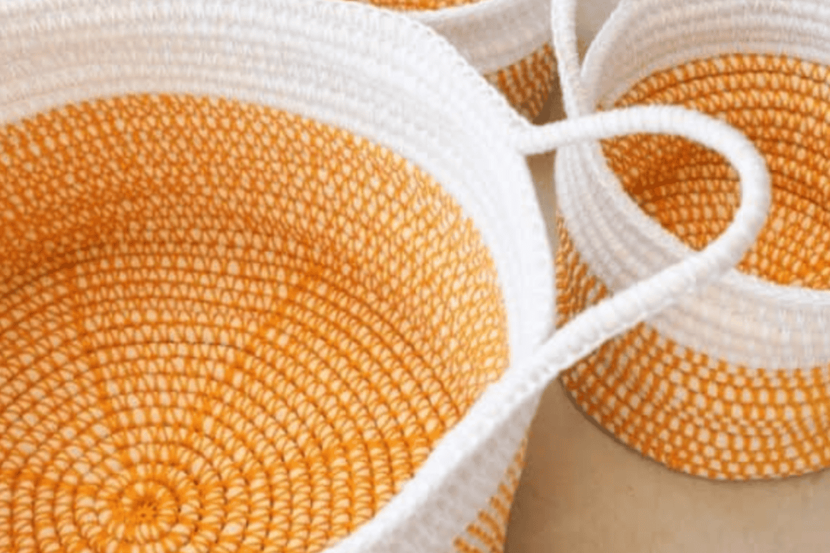 orange and white crochet basket in our free crochet basket patterns