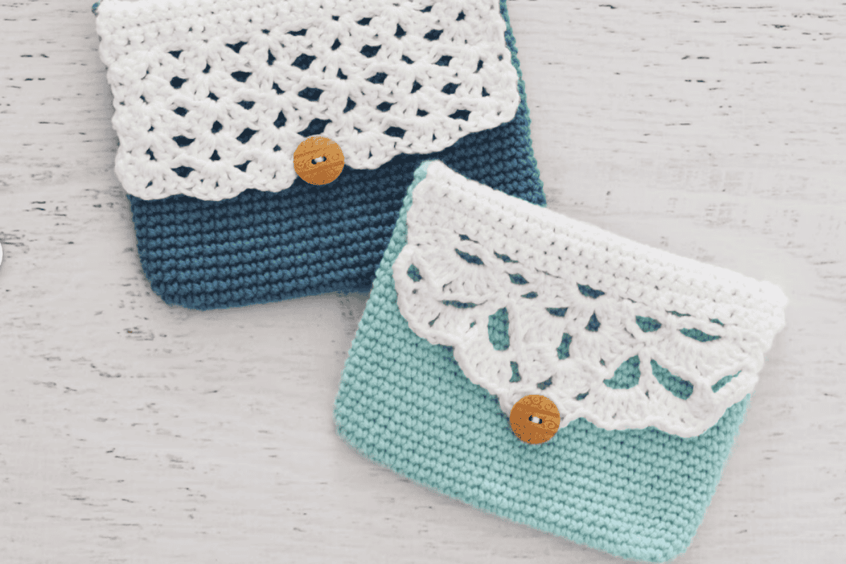 blue crochet pouch with lace and button