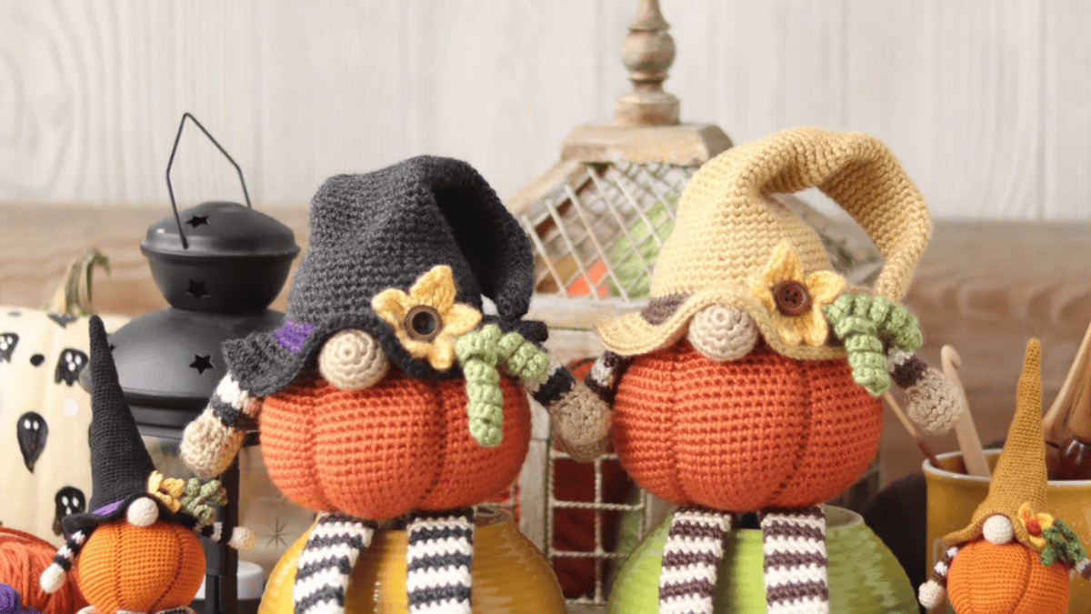 crochet fall gnomes made with pumpkin bodies