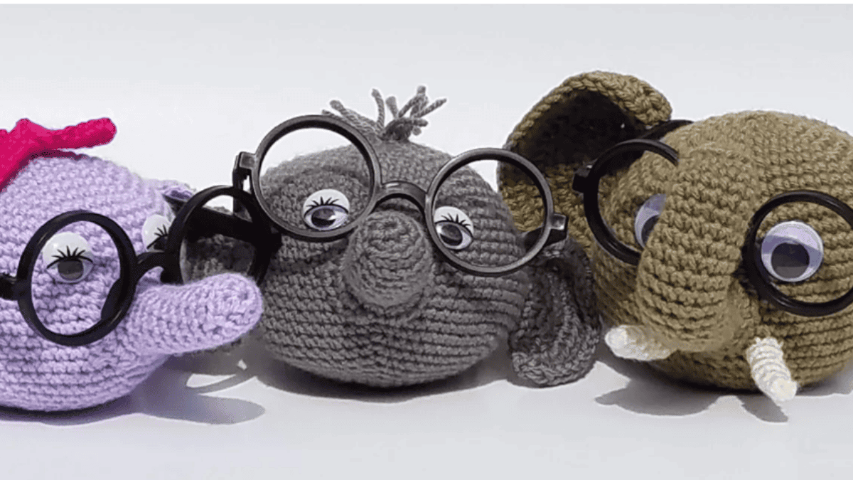 elephant crochet eyeglass holders in purple and greys