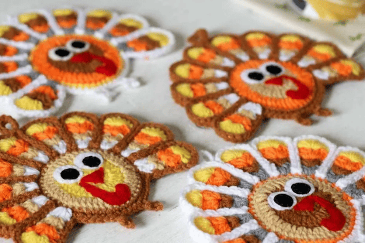 handmade turkey coasters made from yarn