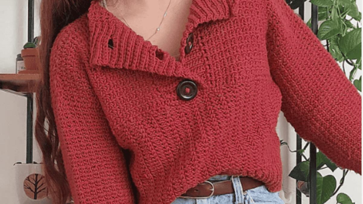 maroon crochet sweater with collar and button