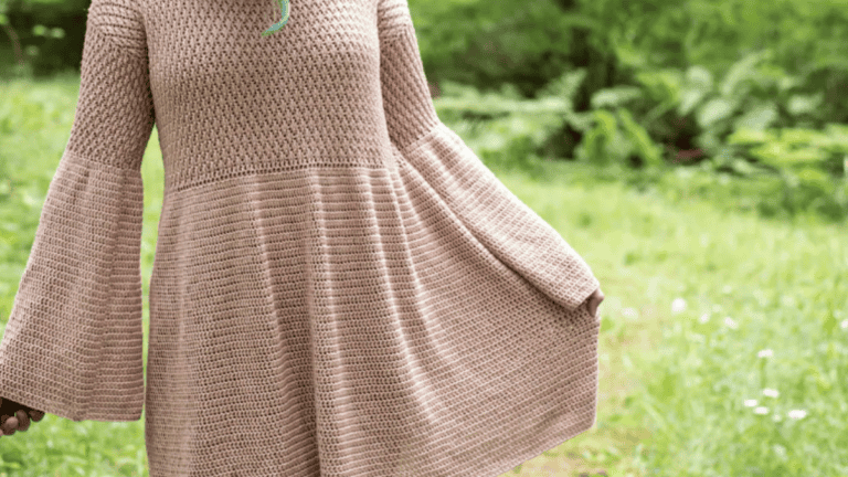 tan crochet dress with bell sleeves