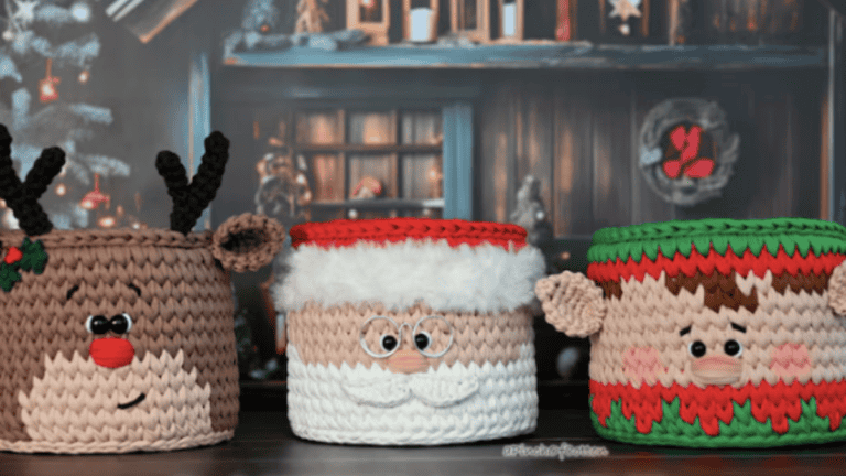 Three Christmas crochet baskets including reindeer Snowman and elf