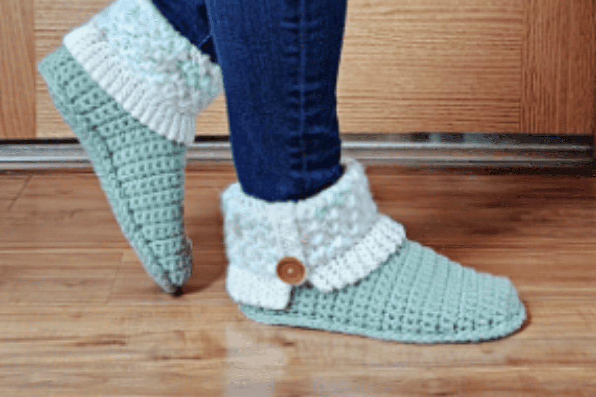 Blue crochet slippers with white cuff