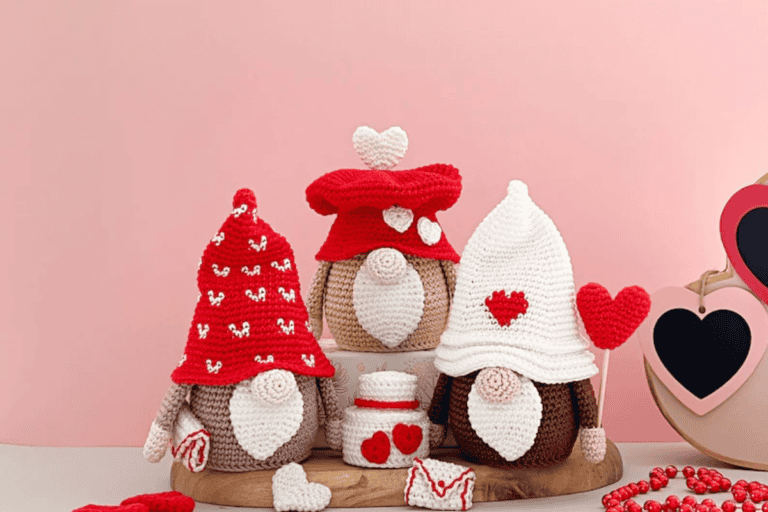 Set of three crochet Valentine's gnomes in different colors in different patterns