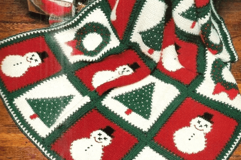 Granny square Christmas blanket with Snowman Christmas tree and wreaths