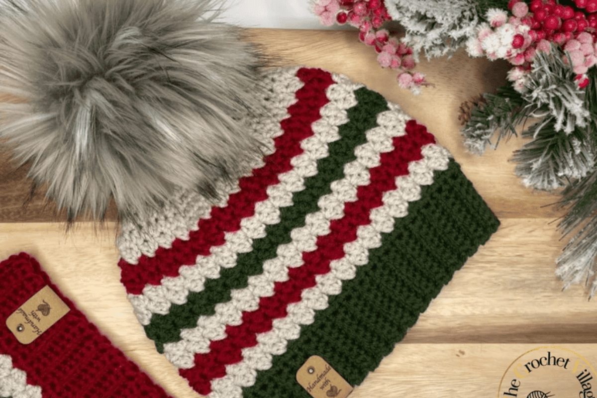 Red white and green crochet Christmas beanies