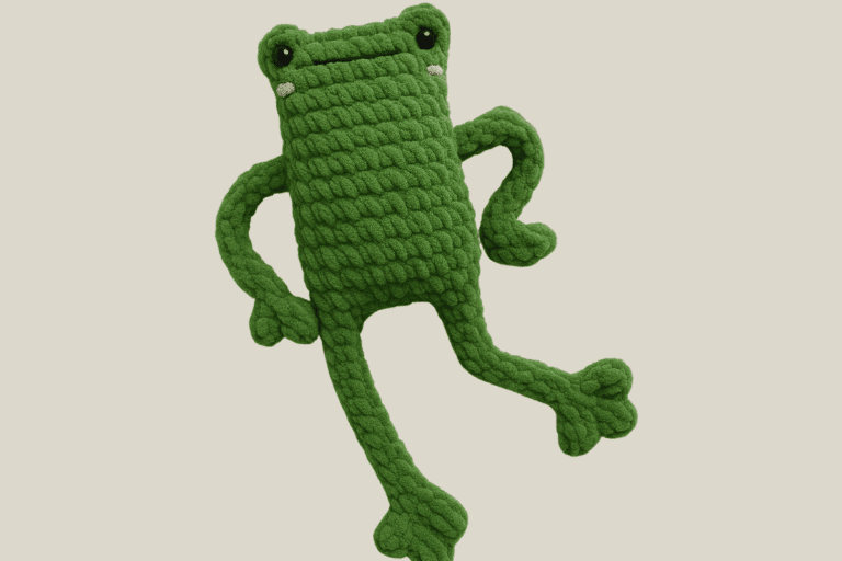 green crochet leggy frog
