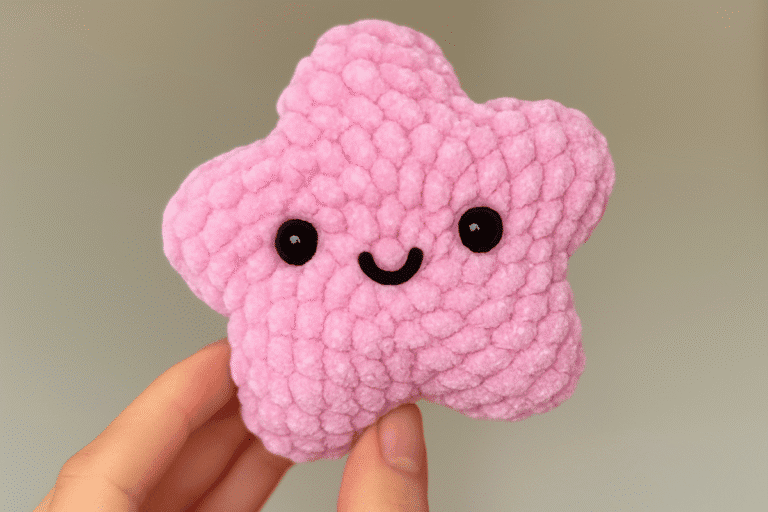 pink star crochet pattern with black eyes and mouth