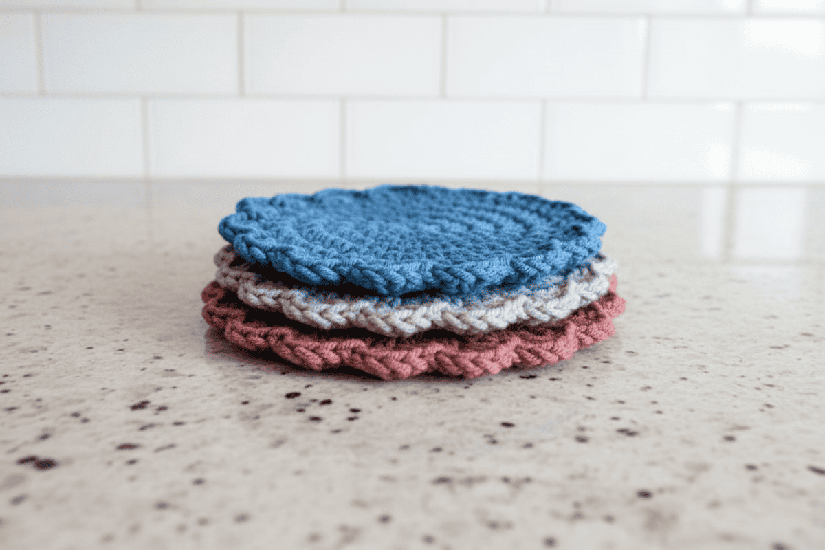 crochet coaster pattern in blue, light blue and mauve